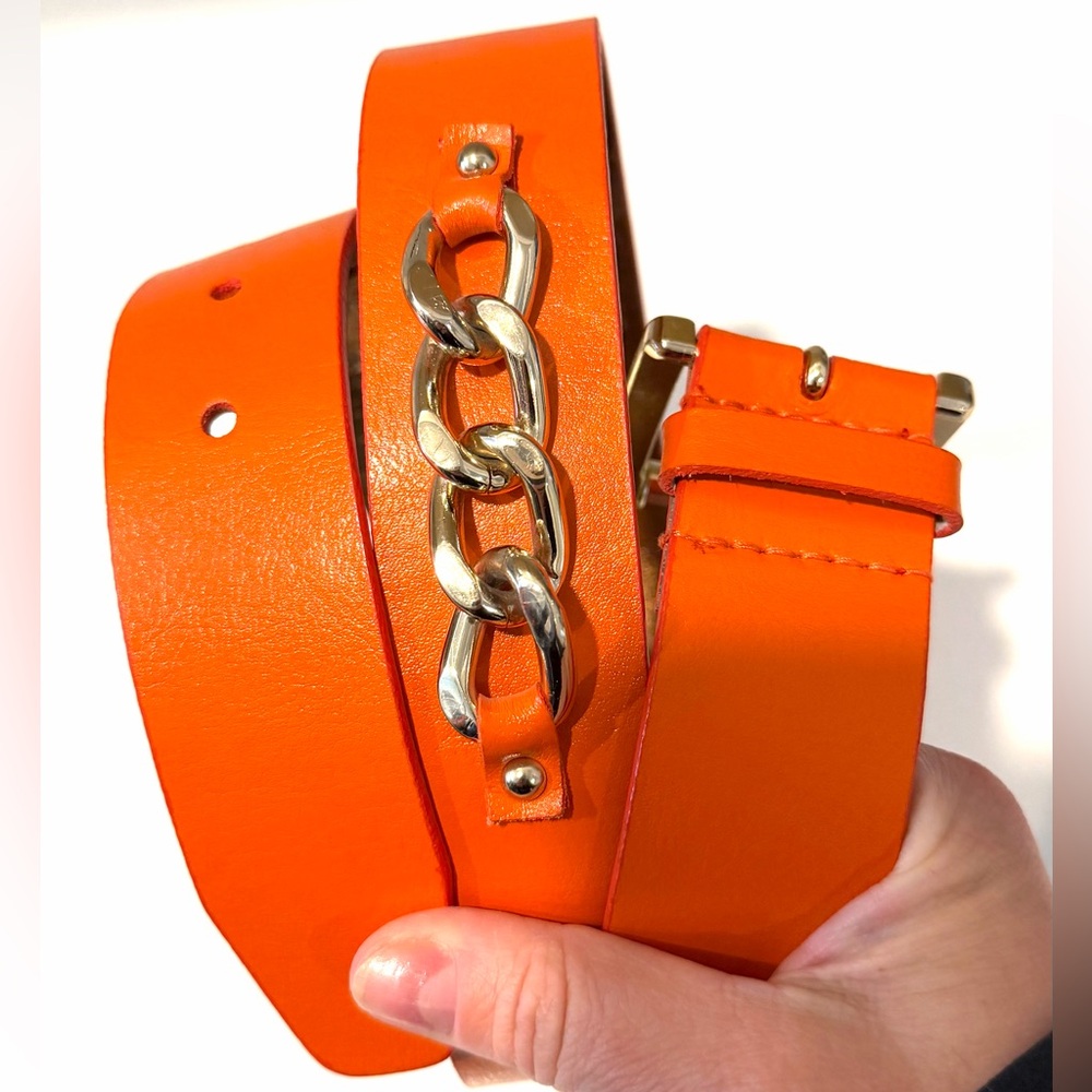 Michael Kors orange Leather Belt with Gold Chain